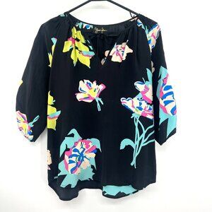 Yumi Kim 100% Silk Black Floral Blouse with Tie Up Sleeves Women's XS